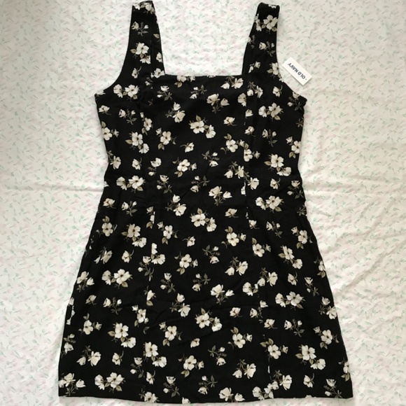 NWT Old Navy Square Neck Linen Blend Mini Dress Black White Floral M Petite - Picture 4 of 14